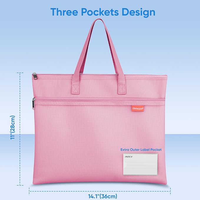 Wisdompro Triple Pocket Zipper Pouch with Handle, Letter Size Mesh File Bag, Water-Resistant Document Storage for Cross Stitch, Puzzle Project, Travel and Office - Pink