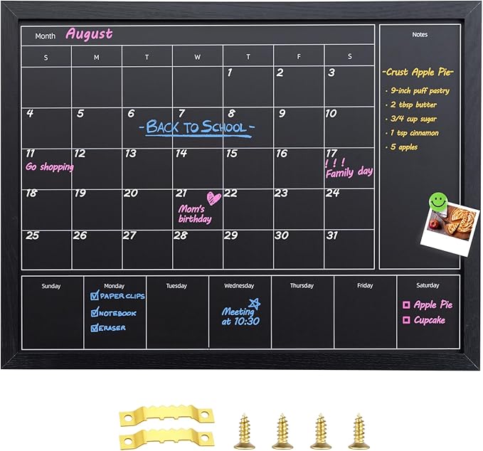 3-in-1 Chalkboard Calendar for Wall, Magnetic Monthly & Weekly Calendar, 22.8x16.9 inches Blackboard for Wall with Black Wood Frame, Hanging Chalkboard for Decor/Memo(YL+ZL-HB-BK,4358)