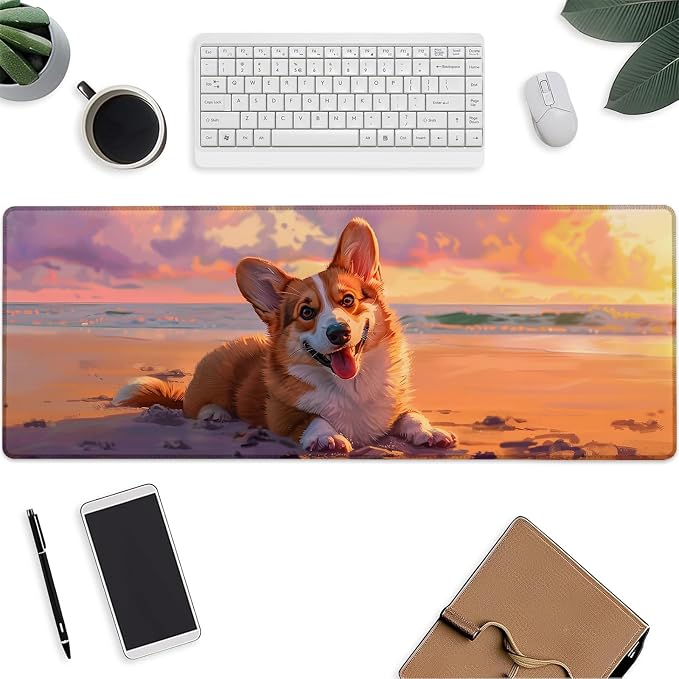 Cute Dog Mouse Pad，Beach Corgi Gaming Keyboard Mat，Laptop Computer Protector with Non-Slip Rubber Base，Large Extended MousePads Gifts for Desk Office Home，Deskmat Decor 31.5" x 11.8"