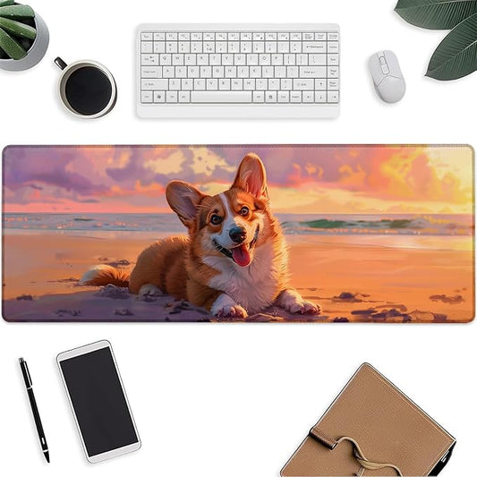 Cute Dog Mouse Pad，Beach Corgi Gaming Keyboard Mat，Laptop Computer Protector with Non-Slip Rubber Base，Large Extended MousePads Gifts for Desk Office Home，Deskmat Decor 31.5" x 11.8"