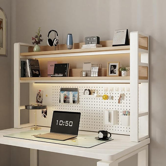 Desk Shelf Organizer for Top of Desk – Desktop Bookshelf with Pegboard & Storage Accessories, Adjustable Hutch for Dorm or Office, Steel Frame Display White frame + natural wood board 29.5*9.8*36.6in