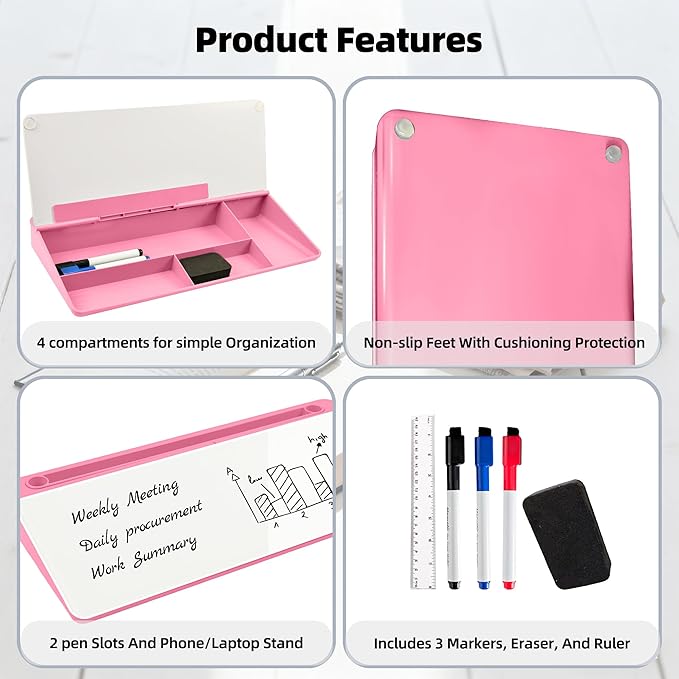 Desktop Whiteboard, Glass Dry Erase Board, Desk Board Buddy,Computer Keyboard Stand,Desk Whiteboard Organizer for Home,Office,School Supplies (Pink)