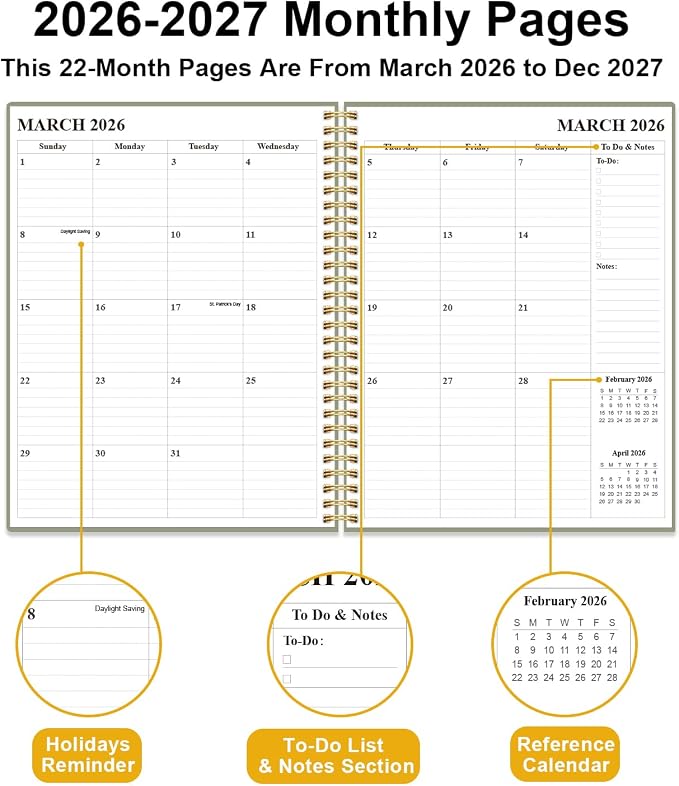 Monthly Planner 2026-2027 – Monthly Calendar from July 2026 to December 2027, 18 Month Planner with Spiral Binding, Inner Pocket, Elastic Closure, 8.5" x 11", Green
