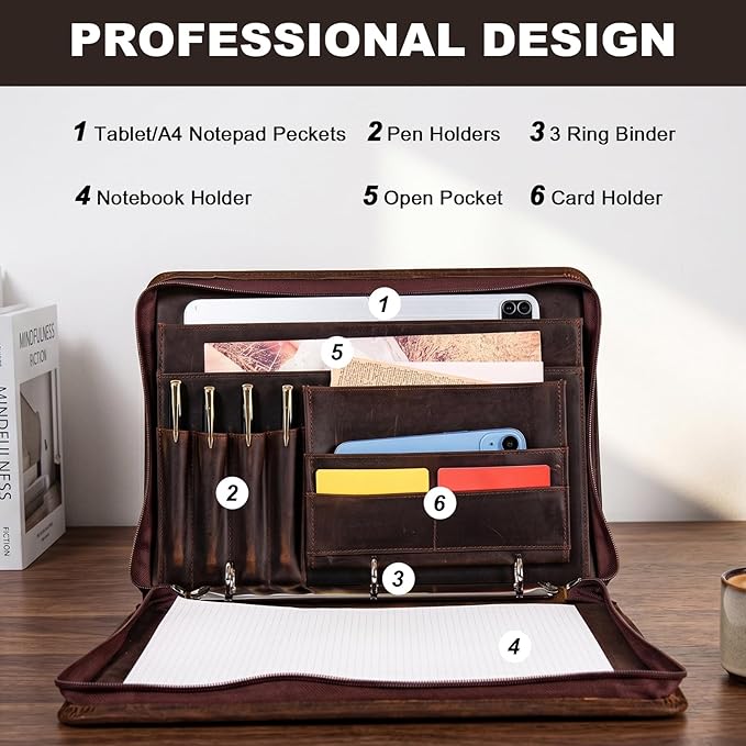 AZXCG Genuine Leather Portfolio Binder for Men& Women,Padfolio Organizer with Zipper,Padfolio Folder for iPad Pro 12.9/ Letter Size Notepad,Business Executive Gift for Men,Gift for Valentine's Day