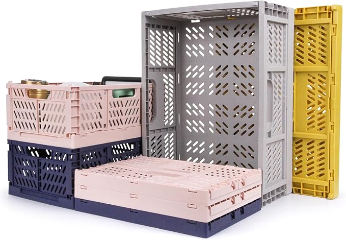 Domiella 4-Pack Crates for Storage, 16x12x6 Storage Crates Plastic Stackable, Folding Crate for Office Home Kitchen Bedroom Bathroom, Pink