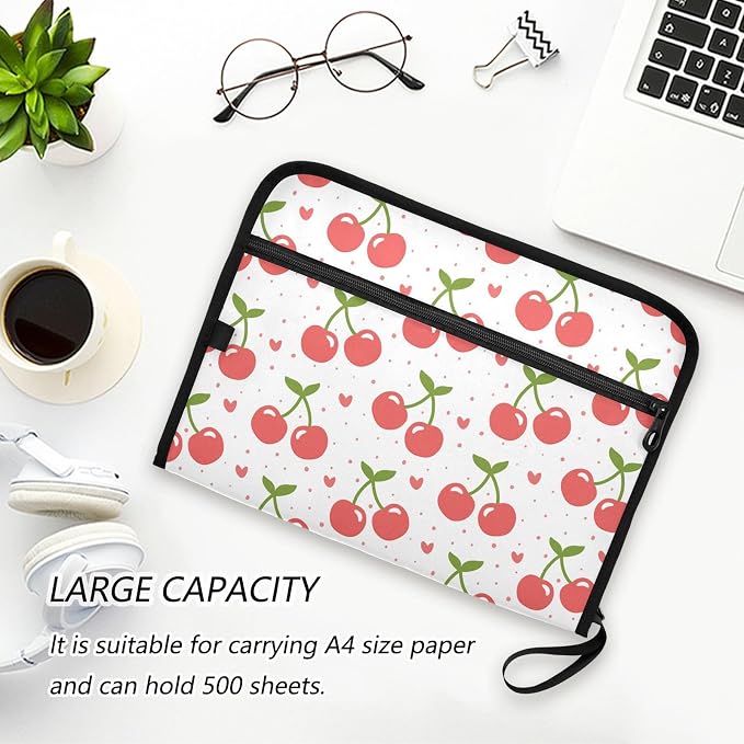 Cherry Fruit Heart Cartoon File Folders,Plastic Folders with 13 Pockets,Expandable File Folder for Documents School Students Office,Aesthetic Folder with Labels A4 Letter Size