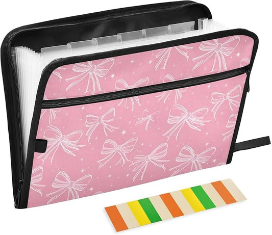 Pink Bows Accordion File Organizer Expanding Document Folder with 13 Pockets Portable File Folder for A4 Letter Size