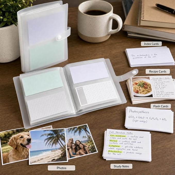 3x5 Index Card Holder Organizer - Clear Card Binder for Flash Card, Note Card Storage, 50 Sheets Plastic Sleeves Indexcard Booklet Folder, Stores Up to 200 Cards