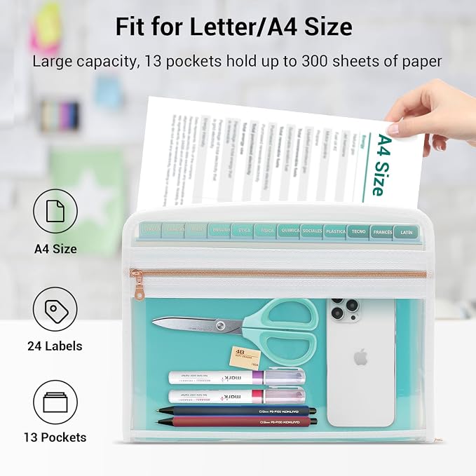 Mukawa 13 Pocket Expanding File Folder, Zipper Accordion File Folder, Expandable Folder with Customized Labels, Document Organizer for School Kids, Office Paper Organizer, Letter Size (Green)