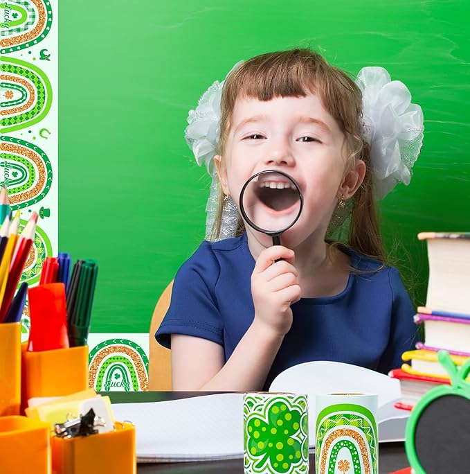 66ft 2 Rolls Shamrock Bulletin Board Borders Clover Boho Rainbow Theme Irish St. Patrick's Day Decorations Paper Border Trim for Classroom School Blackboard Office Chalkboard Themed Party Wall Decor