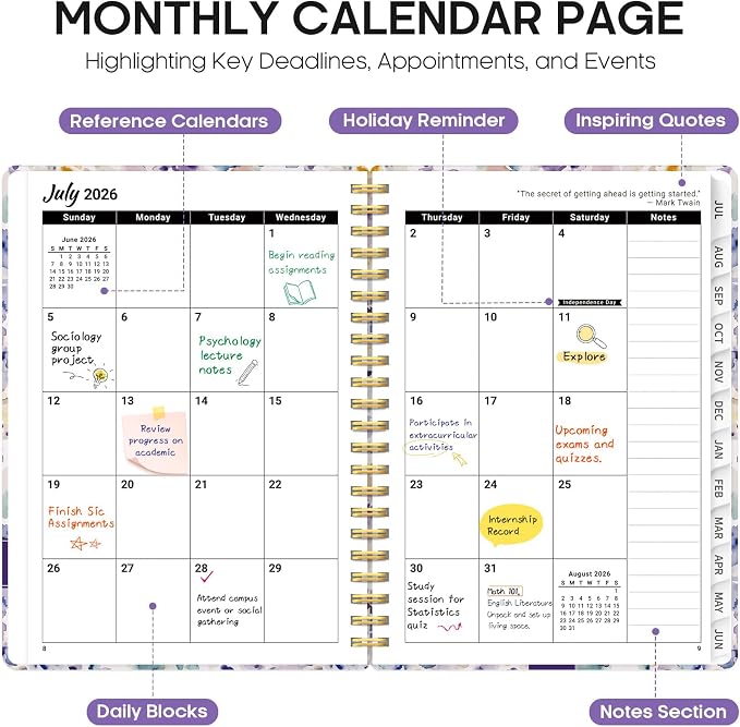 Planner 2026–2027, Academic Year Monthly & Weekly Calendar Book, Jul 2026–Jun 2027, Hardcover Organizer with Tabs, Student & Teacher Planner, 6.3" x 8.5", Purple Blocks