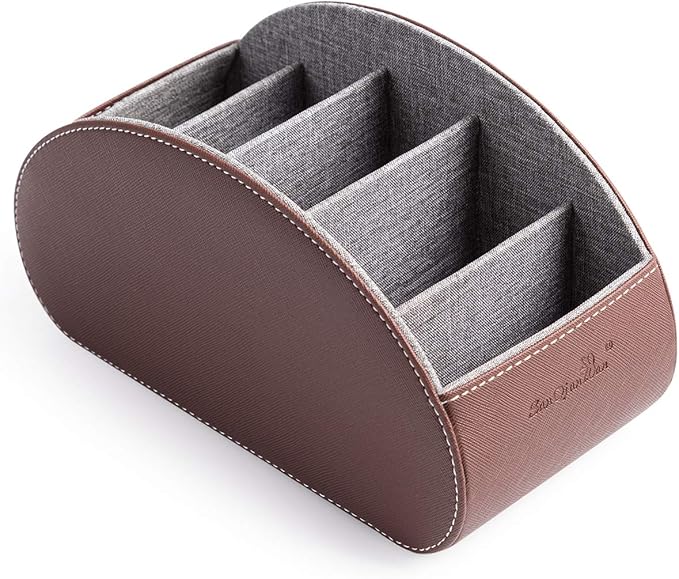 BONNY DODO Remote Control Holders Organizer Box with 5 Compartment PU Leather Multi-functional Office Desk Storage Caddy Store (Brown)