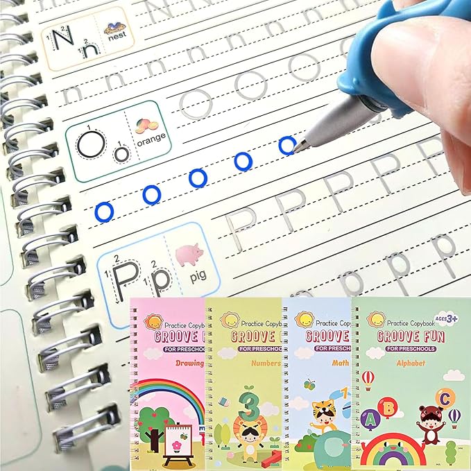 4 Pc Magic Grooved Practice Copybook,Reusable Letter Tracing Books,Handwriting Practice Book and Preschool Learning Activities, Writing Practice for Kids Ages 3-8 Calligraphy (4pc+Pens)（7.4in x 5.1in)