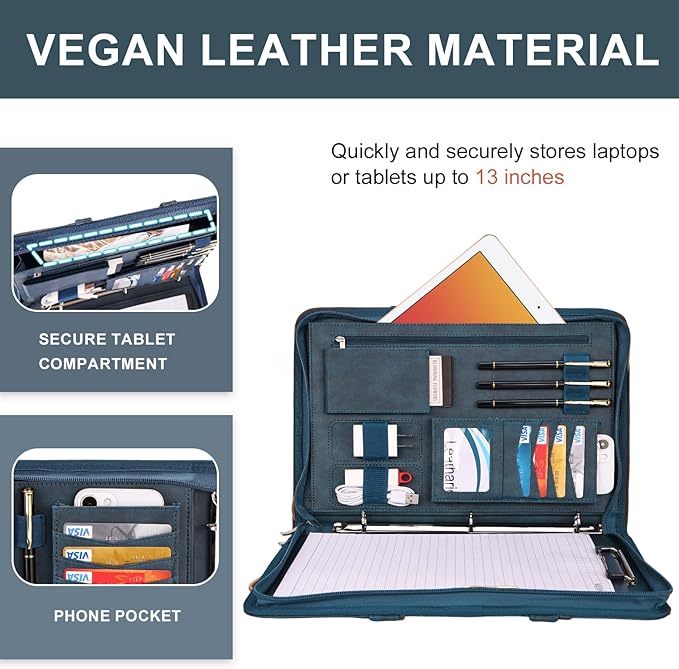 Leathario Portfolio Binder, Includes 5 Folder Index Dividers, 13 Inch Tablets Organizer with Handle, Vegan Leather A4 Padfolio, Multi-Pocket Notepad Business Planner Professional Document