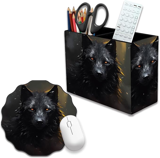 Pen Holder and Anti-Slip Mouse Pad Combination, Makeup Brush Storage Box, Tableware Storage Box, Suitable for Office and Home - Black Wolf