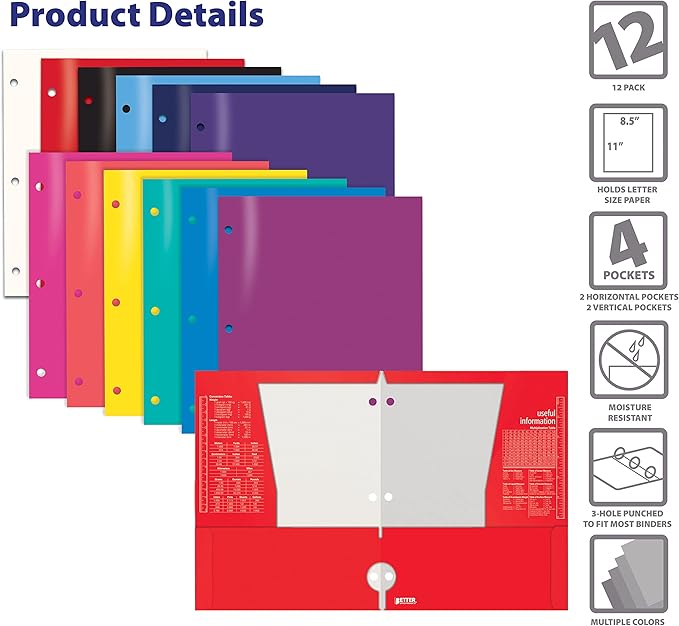 Better Office Products 4 Pocket Glossy Laminated Paper Folders (12 Pack), 3 Hole Punch Portfolios, Assorted Bright and Primary Colors,