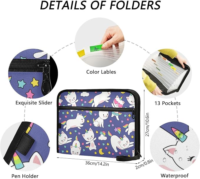 13 Pockets Expanding File Folder Cats Unicorn Rainbow Cute with Sticky Labels Accordion File Folder Document Organizer Letter Size A4 Papers Expandable File Keeper
