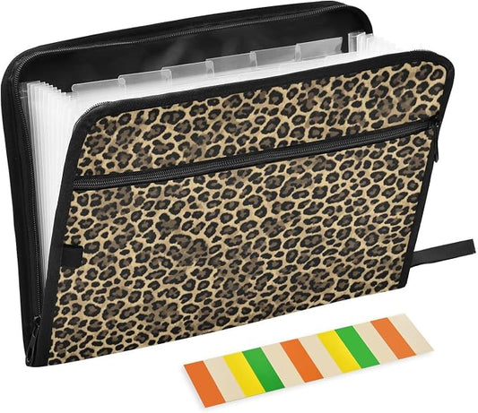 Brown Leopard Print Accordion File Organizer Expanding Document Folder with 13 Pockets Portable File Folder for A4 Letter Size
