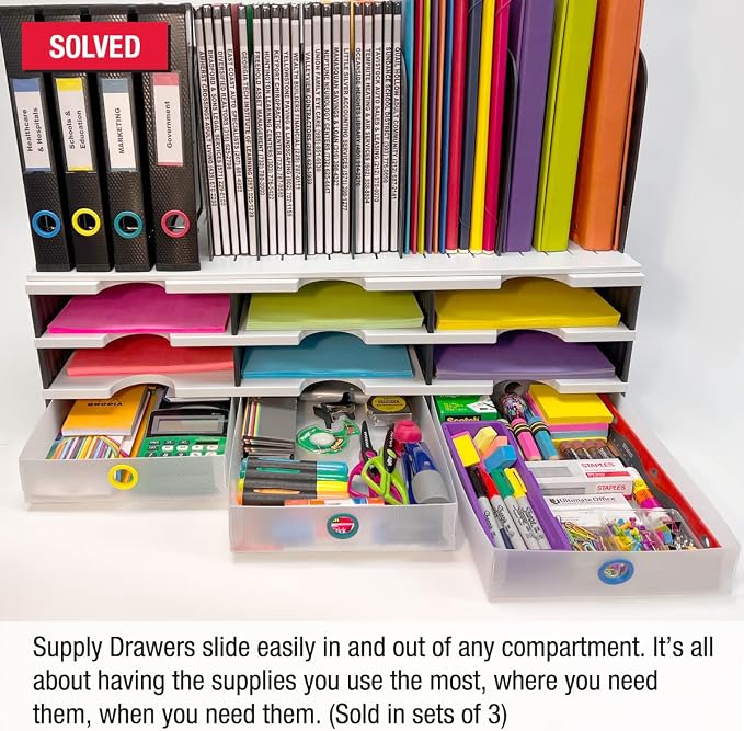 Ultimate Office TierDrop Supply Drawers Measure 9w x 12d x 2 1/4 Inches High for Desk Accessories and Supplies, Set of 3, Includes Color-Coded Finger Rings for Fast and Easy Access to Contents