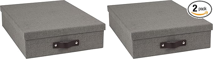 Bigso Oskar Canvas Fiberboard Document Letter Box - File Organizer Box for Important Paperwork - Document Storage with a Lid & Leather Handle - 3.3 in x 10.2 in x 13.8 in - Gray (Pack of 2)
