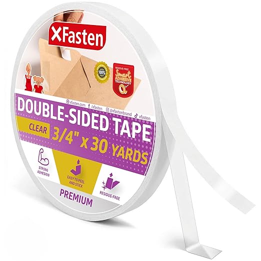XFasten Clear Double Sided Sticky Tape, Removable, 3/4-Inch x 30-Yards, Single Roll Ideal as an Anti-Scratch Cat Training Tape, Holding Carpets, and Woodworking