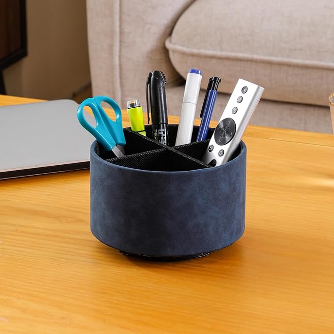 Remote Control Holder For Table, 360 Degree Spinning Desk Organizer For Bedside Night Stand, TV Remote Caddy with 4 Compartments, Office Rotating Pen Holder Blue PH122