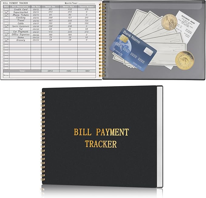 HAUTOCO Bill Tracker Notebook Monthly Bill Payment Tracker for Personal Budgeting Home Financial with 2 Storage Pocket, Payments Checklist Organizer Bill Planner 10.1 x 7.8'', Black