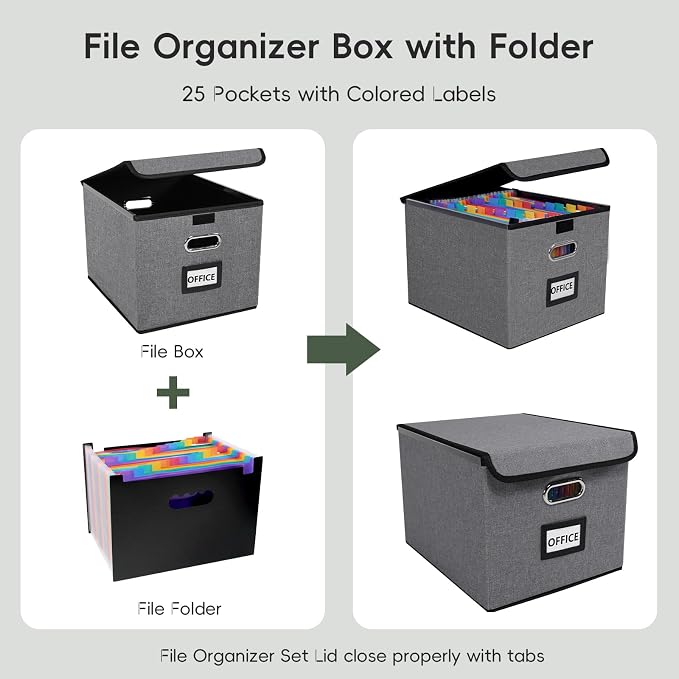 File Organizer Box with 25-Pocket Accordion Folder, File Folder & Protective Lid - Document Storage for Home, Office, School, Light Grey