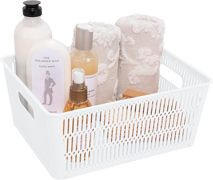 Simplify 4Pk Large Slide 2 Stack It Tote Basket | Storage & Organization | Open Bins with Stackable Capability | Bathroom | Crafts | Pantry | Playroom | Office | White (KIT-25930-WHITE-4PK)