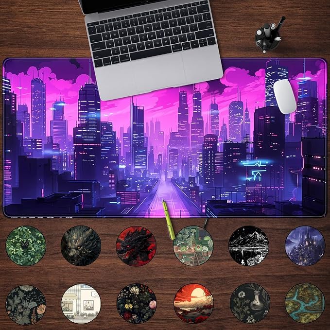 Cyberpunk Neon Purple City Gaming Desk Mouse Pad XL Pink Extended Mouse Pad Gaming, Keyboard Pc Office Laptop Mousepad Large, 31.5x15.8 in with Stitched Eges Non-Slip Base Mouse Pads