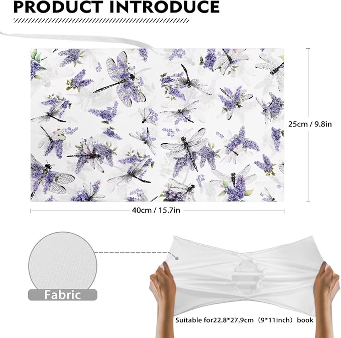 Dreaweet Stretchable Book Covers Dragonfly and Lavender Print Book Protective Sleeves for Hardcover Textbooks Notebooks up to 9"x11",Reusable Washable