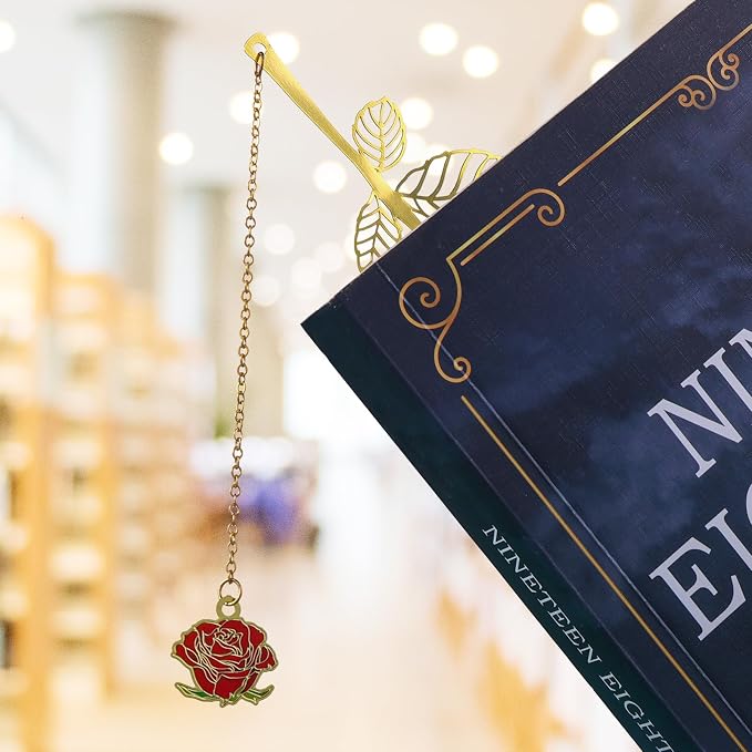 Bewudy Red Rose Bookmark with Flower Pendant, Metal Book Page Holder for Reading Lovers, Unique Gifts BookMarkers for Women, Her, Mom, Librarian, Teacher Book Lovers