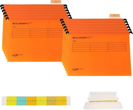 12 Pcs Hanging File Folders with Tabs and Card Inserts,A4 Suspension Files for Filing Cabinets, Waterproof Suspension Files Holder with Adjustable Tab Design for Home Office School (Orange)