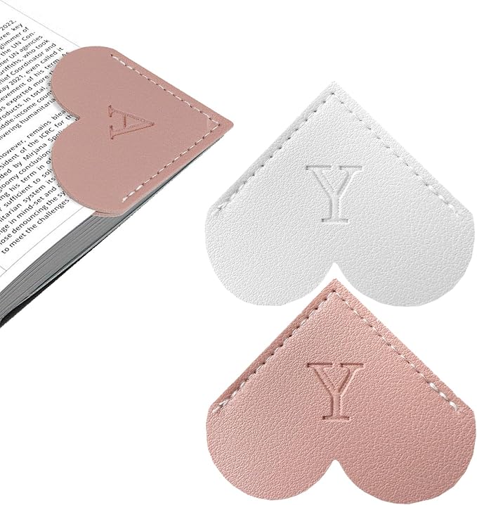 2Pcs Personalized Leather Heart Bookmark with Initial, 26 Letters Custom Corner Page Book Mark for Reading Women, Book Lovers, Teachers, Students, Cute Book Accessories Gifts(White+Pink, Y)