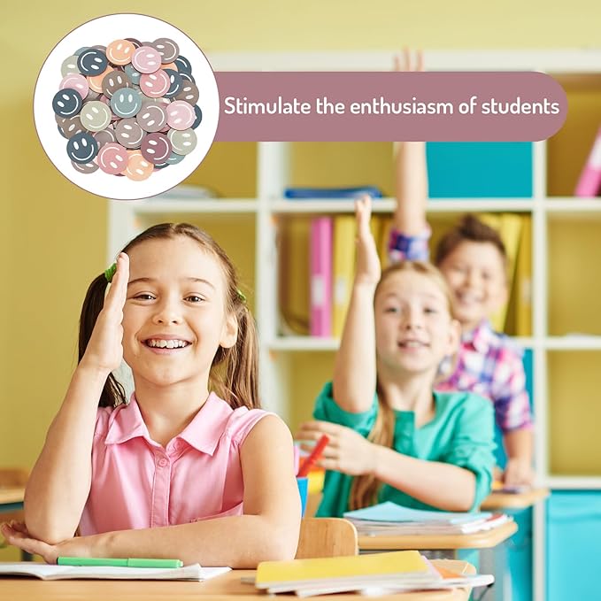 JarThenaAMCS 45 Pcs Boho Smile Extra Tokens for Reward Jar Colorful Happy Face Wooden Cutouts with Linen Pocket 9 Colors Wooden Tokens for Back to School Student Teacher Home Classroom