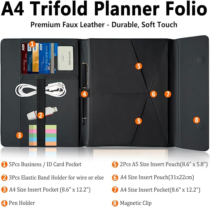 Triple Portfolio Folder Notebook Cover for 8.5 x 11 Daily Planner, Soft Leather Padfolio A4 Business Binder Legal Writing Pad Document Organizer for Present Gift Kid Men Women Black