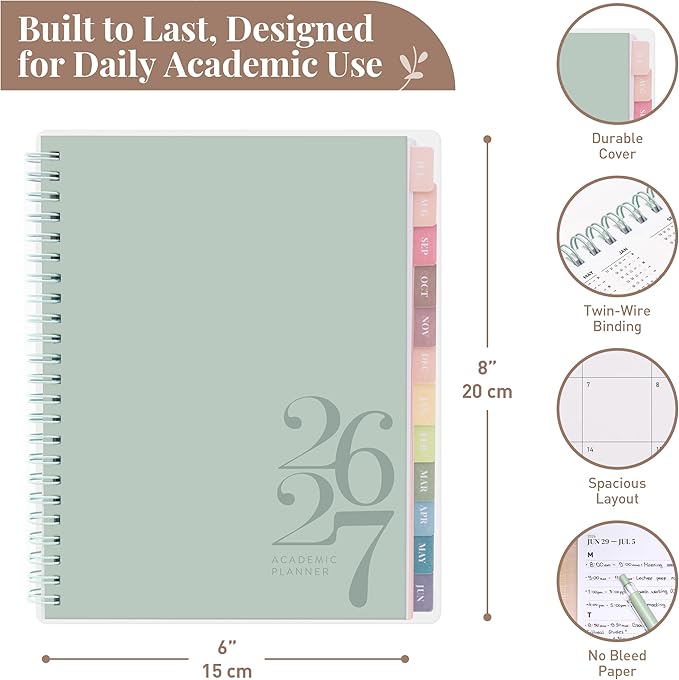 Rileys Academic Planner 2026-2027, Daily, Weekly & Monthly Planner, July 2026 - June 2027, Student Notes Pages, Twin-Wire Binding, Weekly Agenda for School & Work (8 x 6-Inches, Classic, Green)