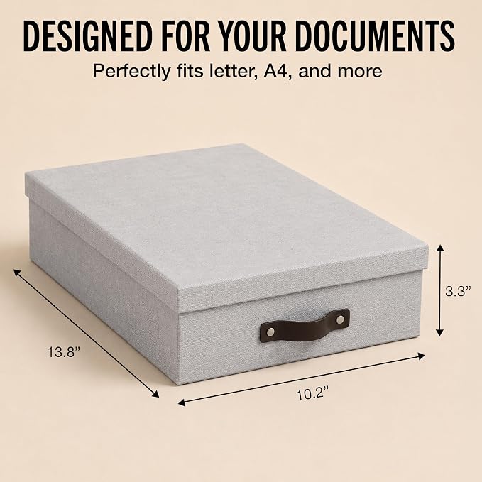 Bigso Oskar Canvas Fiberboard Document Letter Box | File Organizer Document Box for Important Paperwork | Document Storage Box with a Lid & Leather Handle | 3.3″x10.2″x13.8″ | 3 Pack | Ash