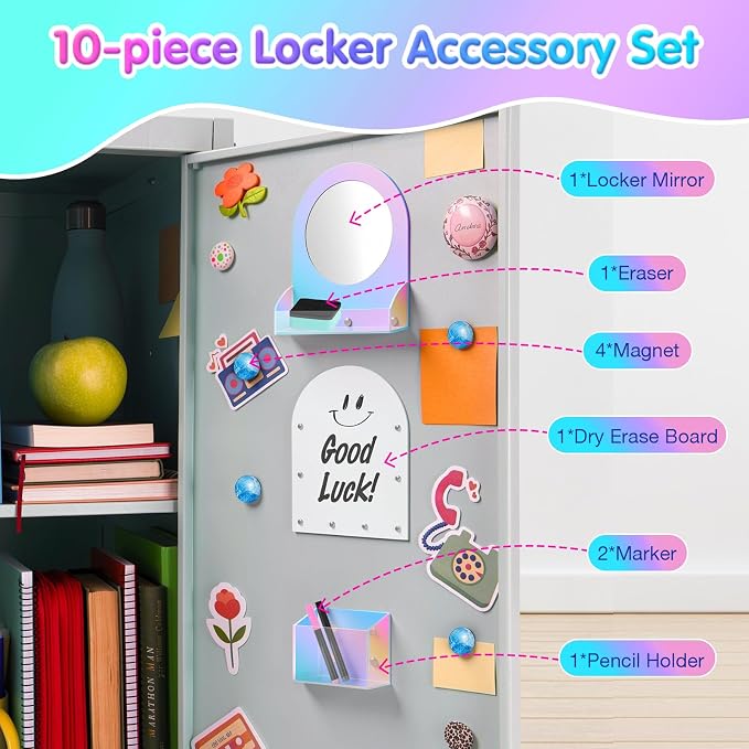 MoKo Locker Accessories Set, Back to School Supplies College Essentials Includes Magnetic Acrylic Board, Locker Mirror, Markers Holder, Marker Pens and Locker Magnets, Colorful