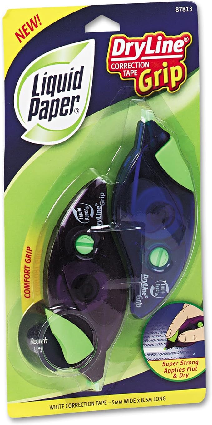 Liquid Paper 87813 DryLine Grip Correction Tape, 1/5-Inch x 335-Inch, Blue/Purple Dispensers, 2/Pack