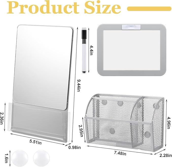 Fuyoooo Magnetic Locker Accessories Back to School Essentials Include Magnetic Mirror with Holder Magnet Mesh Pen Holder Small Whiteboard and Magnet for Office School Locker Organizer(Classic,Gray)