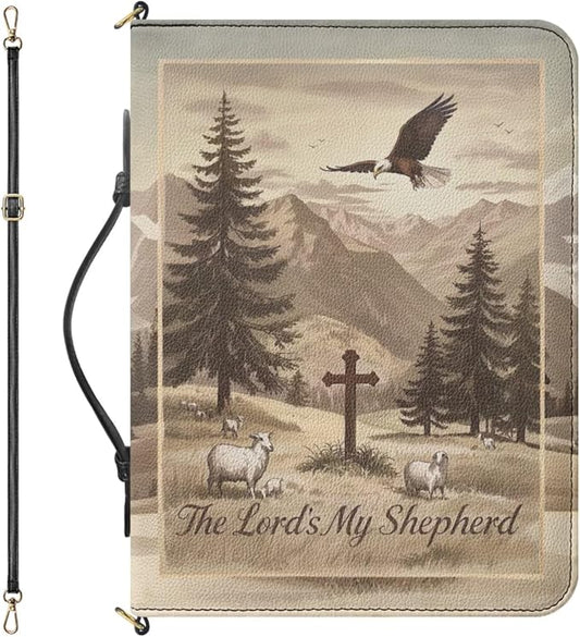 Extra Large PU Leather Bible Cover for Men, Mens Bible Bag with Strap and Handle, Crucifix Psalm 23:1 Print Book Holder with Inner Pockets and Pen Loop, Biblia Accessories Men, Sepia