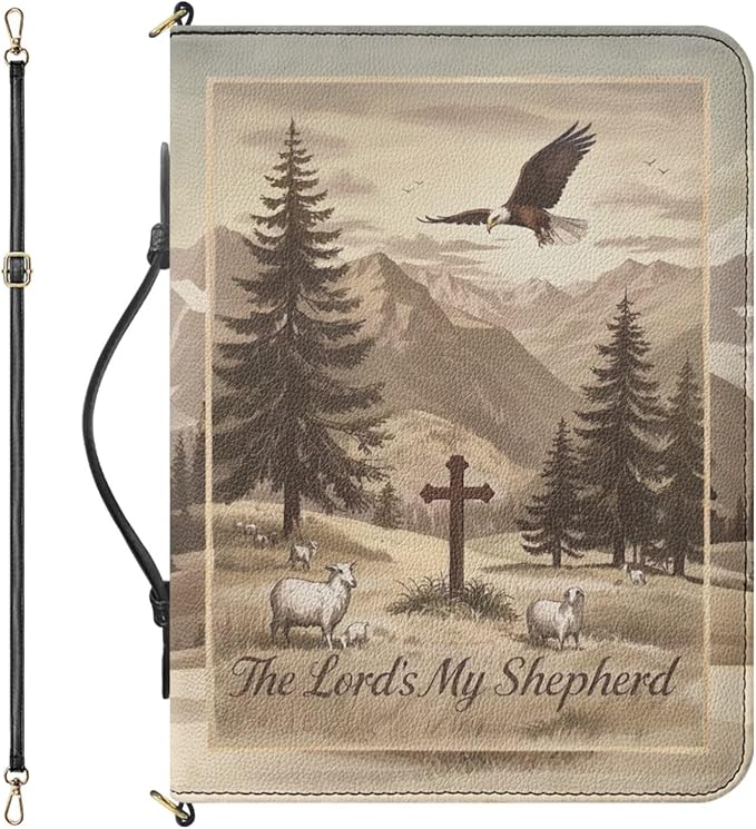 Bible Cover for Men, PU Leather Bible Case with Strap and Handle, Crucifix Psalm 23:1 Print Biblia Organizer with Inner Pockets and Pen Loop, Church Bags for Men, Sepia 2XL