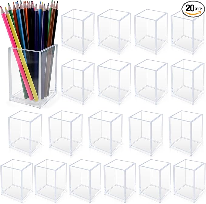 20 Pack Clear Acrylic Pen Holders, Pencil Cups and Makeup Brush Organizers : Durable Desk Accessories for Classroom, Office and School Storage