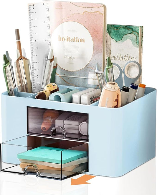 Cayxenful Pencil Pen Holder for Desk,2 Drawer Desk Organizers,5 Compartments Desktop Storage Stationery Supplies Organizer, Cute Pencil Cup Pot For Office, School, Home(Blue)