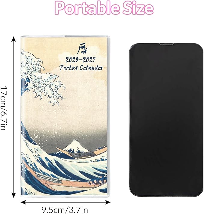 Pocket Calendar 2025-2026 Planner, Daily Weekly Monthly Planner Jan 2025 to Dec 2026 (3.7" x 6.7") Page Size, Daily Planner 2025 for Purse - Wave