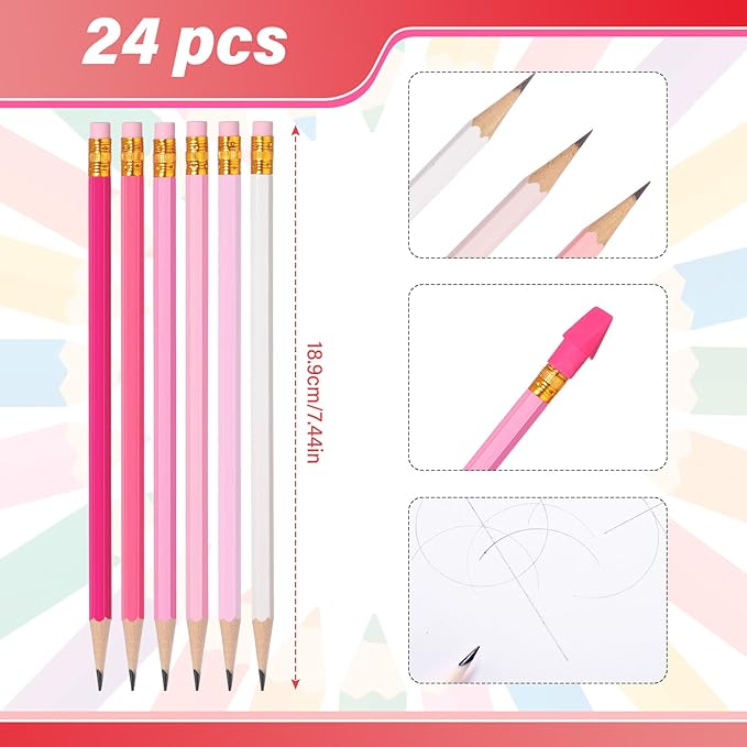 24sets/72pcs Wood-cased Pastel Pencils, Aesthetic #2 Eco Pink Paper Pencils with 48 Pcs Top Erasers, Number 2 Unsharpened Pencil Bulk for Women Gifts for Birthday Party Favors Writing Drawing Office