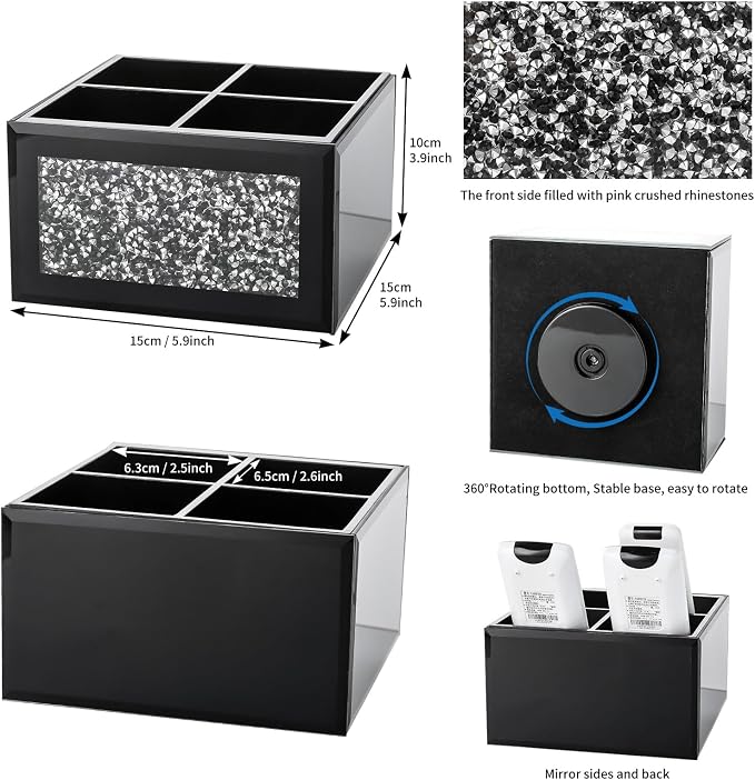 Black 360 Rotating Remote Control Holder, Crushed Diamond TV Remote Controller Holder for Table, Desk Organizer for Pens and Pencils, Make Up Brushes, Remote Caddy Storage