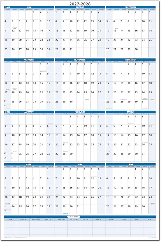 Fiscal/Academic Split Year July 2027 to June 2028 Vertical 12 Month Wall Calendar 36" x 24" - Dry & Wet Erasable with Next Year Planner Area. Complete with Fine tip Dry-erase Marker and Eraser