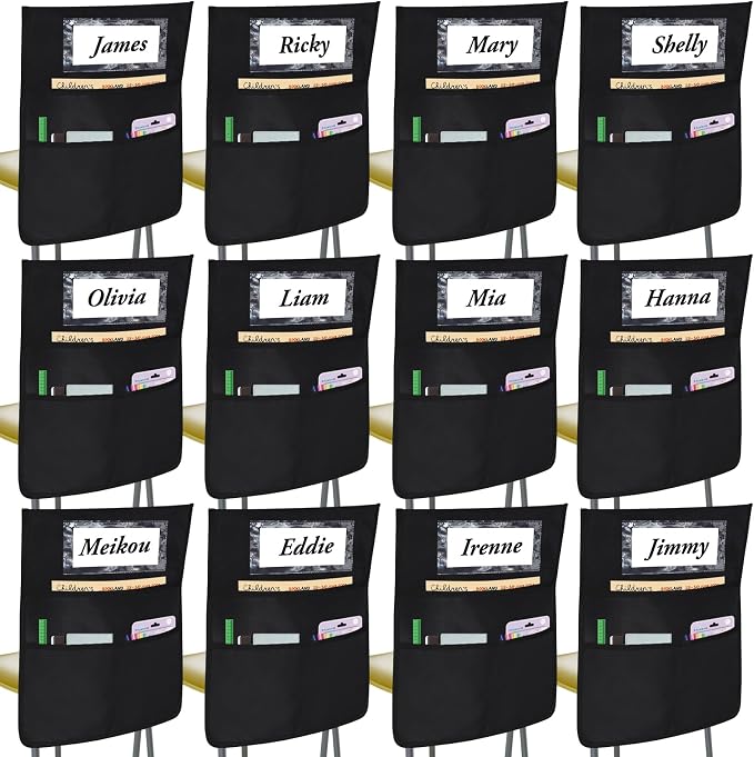 12 Pack Black Chair Pockets for Classrooms, Chair Pocket with 3 Heavy Duty Storage Pocket, Chair Back Buddy Pocket with Name Tag Slot, Ideal Back to School Supplies, Classroom Must Haves (Black)